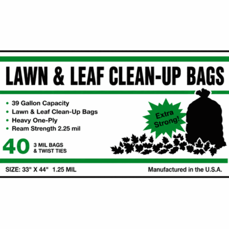 39 gallon lawn and leaf clean-up bags with 1.25 mil thickness packaging on white background