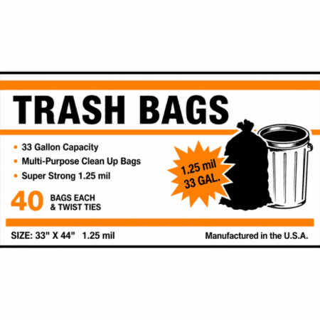 33 gallon trash can liners 40 count heavy duty trash bags packaging on white background