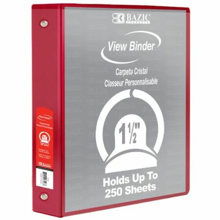 3-Ring View Binder – Red – 1.5″ Rings – w/ 2-Pockets - Pack of 12