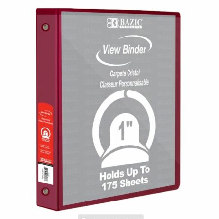 3-Ring View Binder – Burgundy – 1″ Rings – w/ 2-Pockets - Pack of 12
