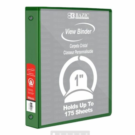 3-Ring View Binder – Green – 1″ Rings – w/ 2-Pockets - Pack of 12