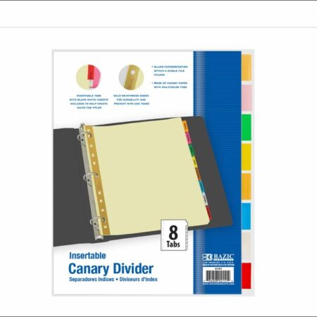 3-Ring Binder Canary Paper Dividers w/ 8-Insertable Color Tabs - Pack of 25