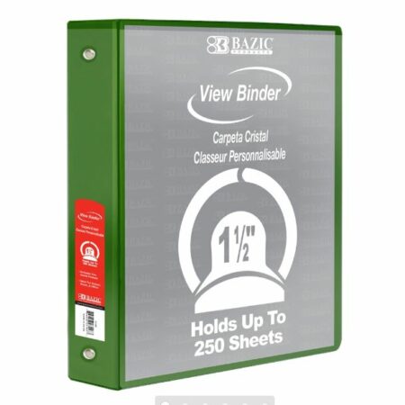 3-Ring View Binder – Green – 1.5″ Rings – w/ 2-Pockets - Pack of 12