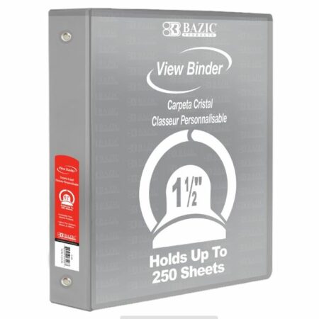 3-Ring View Binder – Grey – 1.5″ Rings – w/ 2-Pockets - Pack of 12