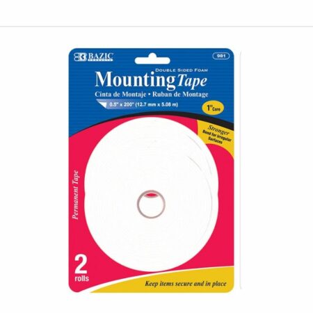 Mounting Tape, Double Sided Foam, 0.5"x200" (2/Pack)