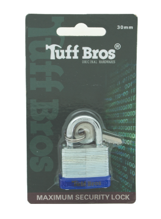 Laminated steel padlock 1-1/4 inch with solid brass pin tumbler in clamshell retail pack