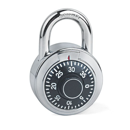 Combination padlock with hardened steel shackle and dial, carded for retail display – pack of 24 for school or gym lockers.
