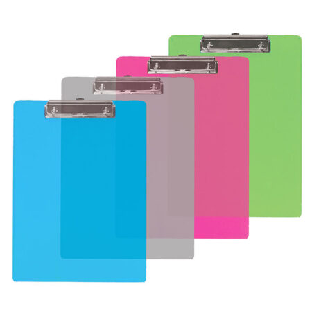 Transparent plastic standard-size clipboard with stainless steel low-profile clip – pack of 48 for school, office, and warehouse use.