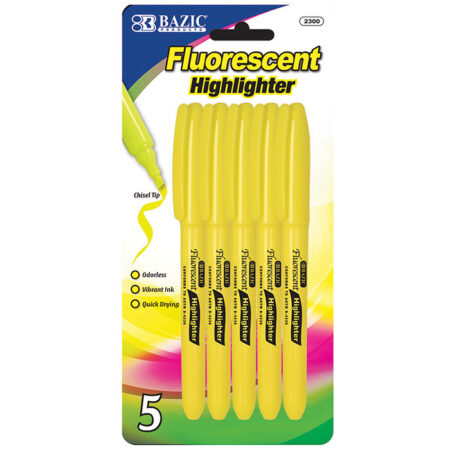 Yellow fluorescent highlighter pens with chisel tip and pocket clip, 5-pack, pen-style, bulk case of 144
