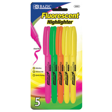 Pack of 144 fluorescent assorted color highlighters with pocket clip, pen-style design, featuring a chisel tip for precise marking and quick-drying, smear-free ink.