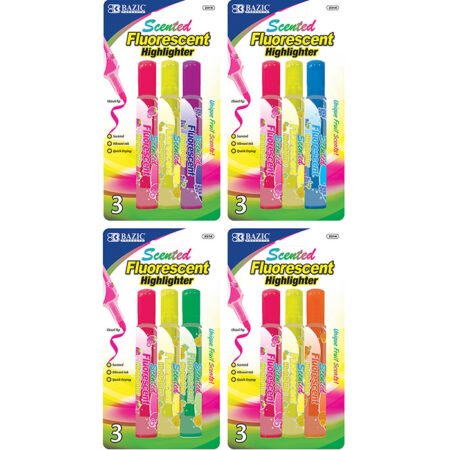 Fruit scented highlighters – 3-pack – assorted neon colors – chisel tip – bulk case of 144 packs.