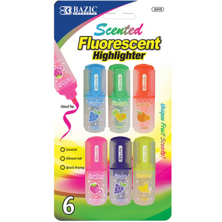 Fruit scented mini highlighters – 6-pack – assorted fluorescent colors – chisel tip – bulk case of 144 packs.