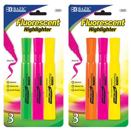 Assorted color desk-style fluorescent highlighters with wide chisel tips, 3-pack, bulk case of 144.