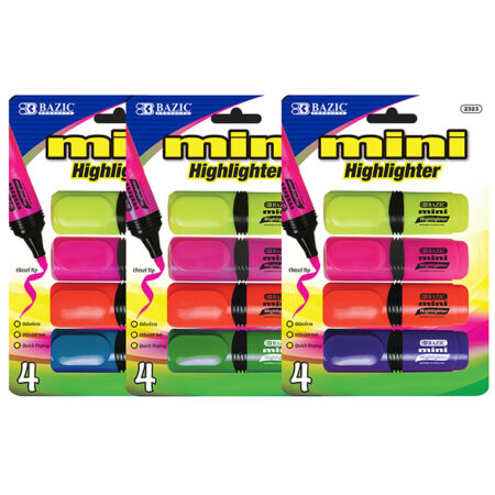 Mini desk-style fluorescent highlighters in assorted colors, 4-pack, bulk case of 144 packs.