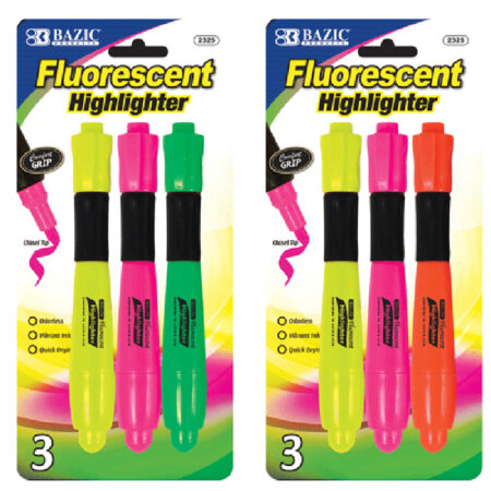 Fluorescent highlighters with cushion grip, 3-pack assorted colors, bulk case of 144 packs.