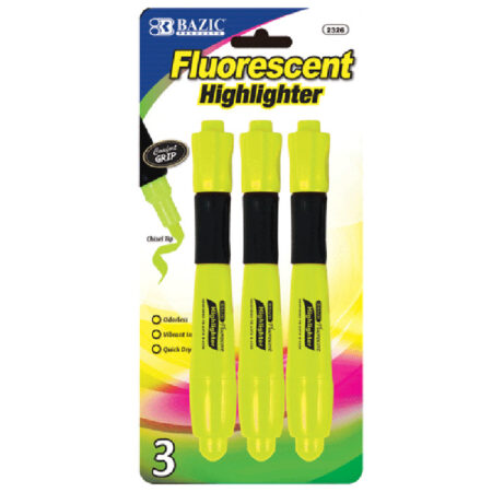 Yellow fluorescent highlighters with cushion grip and chisel tip, 3-pack – bulk case of 144 packs for office and school.