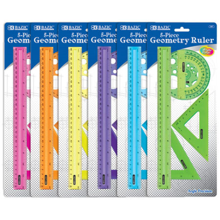5-piece geometry ruler set including 12-inch ruler, triangle rulers, protractor, and compass, ideal for school and office use.