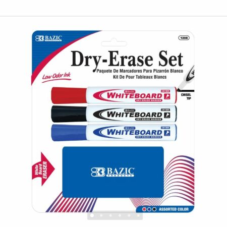 3 Asst. Color Chisel Tip Dry Erase Marker w/ Eraser - Pack of 72