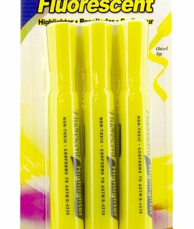 Yellow fluorescent highlighters in desk style with wide chisel tip, 3-pack – bulk case of 144 packs.