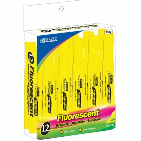 Yellow desk-style fluorescent highlighters with chisel tip, 12-pack, perfect for office, school, or wholesale use.