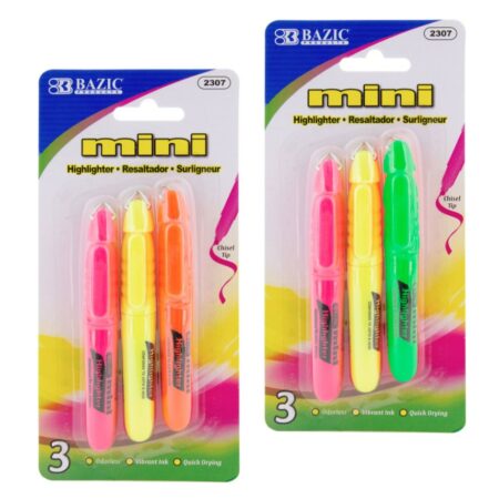 Mini fluorescent highlighters with cap clip in assorted colors – 3-pack, bulk case of 144 – with chisel tip and quick-dry ink