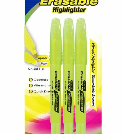 Pack of 144 yellow erasable highlighters, 3 per pack with dual-tip design for smooth highlighting and clean erasing.