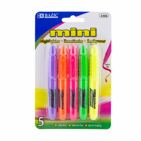 Mini fluorescent highlighters with cap clip – assorted colors – 5-pack, bulk case of 144 – chisel tip, quick-dry neon ink.