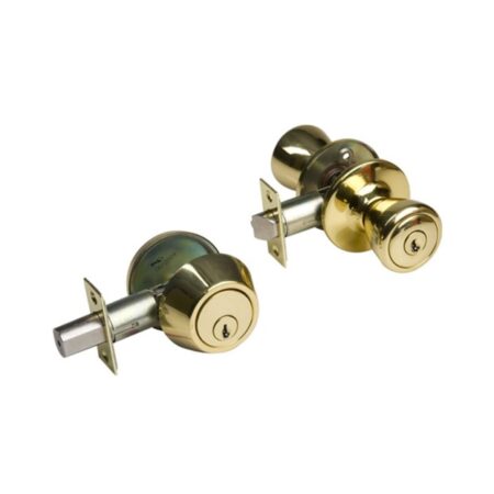 Polished brass entry lock and single cylinder deadbolt combo with tulip knob – keyed alike – bulk box of 12