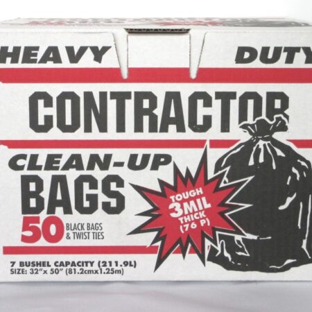 USA-made 3mil contractor bags, 42-gallon capacity, 50 bags per box—heavy-duty trash bags for construction and disaster restoration.