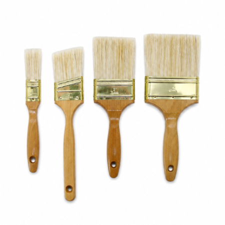 4 piece polyester paint brush set with wooden handles on white background