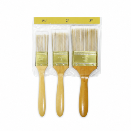 3 piece polyester paint brush set with wooden handles on white background