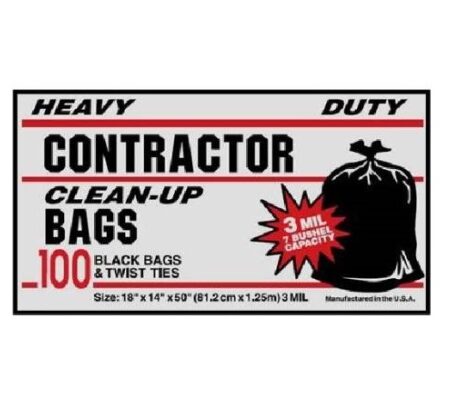 Heavy-duty 3mil contractor bags, 42-gallon capacity, 100-count per box. Free delivery on full pallet orders.