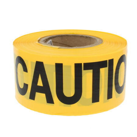Yellow caution tape, 3 inches wide and 1000 feet long, with bold black lettering for high visibility, used for safety and hazard marking.
