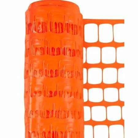Bright orange plastic barrier fence roll, ideal for construction zones and crowd control.