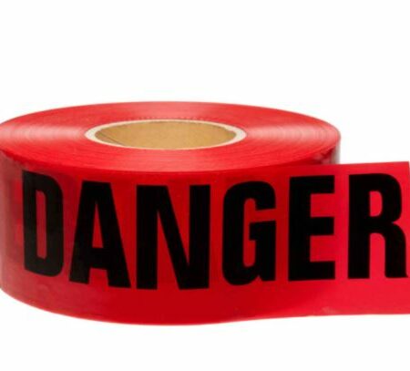 Red Danger Tape, 3 inches wide and 1000 feet long, with bold black lettering for high visibility, used for safety and hazard warnings.