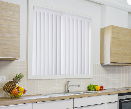 White vertical blinds (23"x60") with smooth PVC vanes, steel headrail, matching valance, and wand control, ideal for windows and doors in homes, apartments, and renovations.