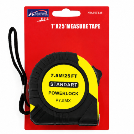 25FT standard powerlock measuring tape with red packaging on white background