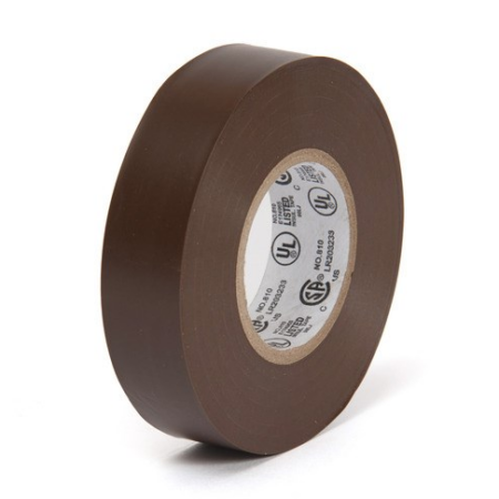 Brown PVC electric tape, 3/4" x 60' roll, UL-listed, shrink-wrapped, available in bulk at wholesale prices.