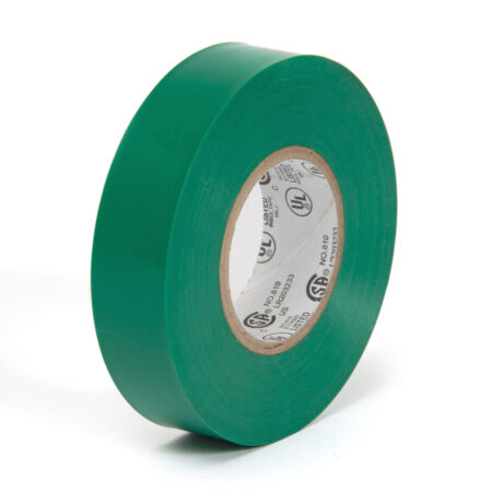 Green PVC electric tape, 3/4" x 60' roll, UL-listed, shrink-wrapped, available in bulk at wholesale prices.