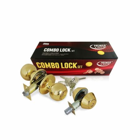 Solid Brass Entry Door Knob Combo Lock Set with Double Cylinder Deadbolt and 6 SC1 Keys- Boxed Keyed Alike