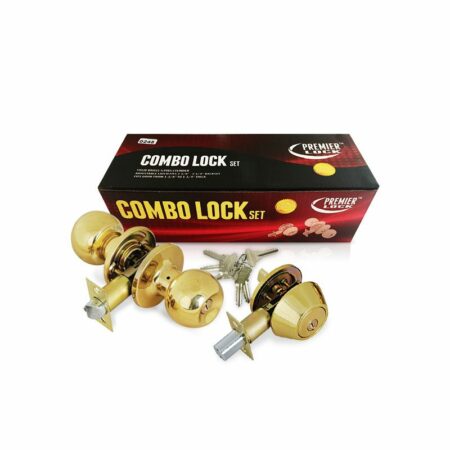 Solid Brass Entry Door Knob Combo Lock Set with Deadbolt and 6 SC1 Keys-Boxed Keyed Alike