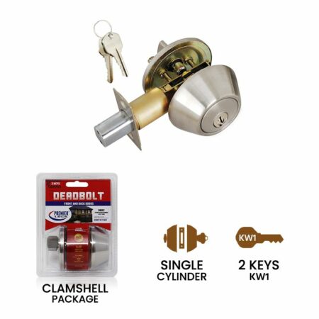 Stainless Steel Deadbolt Door Lock with Two KW1 Keys in Retail Clamshell Packaging