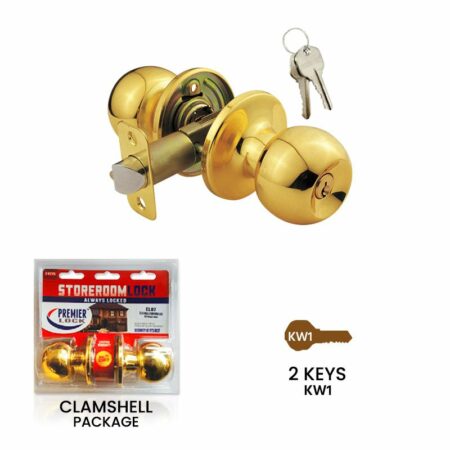 Storeroom door knob with 2 KW1 keys, polished solid brass finish, clamshell pack – ideal for bulk purchase