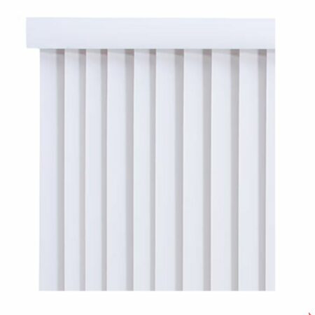 White cordless patio door vertical blinds (78"x84") with ribbed vinyl vanes and a decorative valance, featuring wand control and an aluminum track for easy installation.