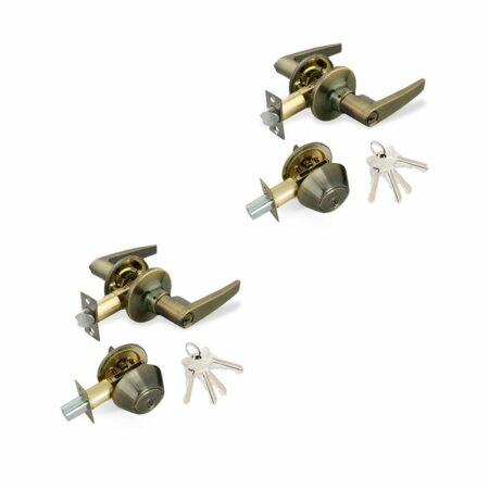 Antique brass entry lever combo lock set with single cylinder deadbolt and 8 SC1 keys – bulk pack of 12