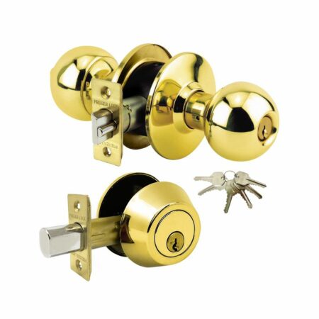 Grade 3 brass combo lock set with jumbo entry knob and deadbolt – keyed alike – 6 KW1 keys – boxed – wholesale pack of 12
