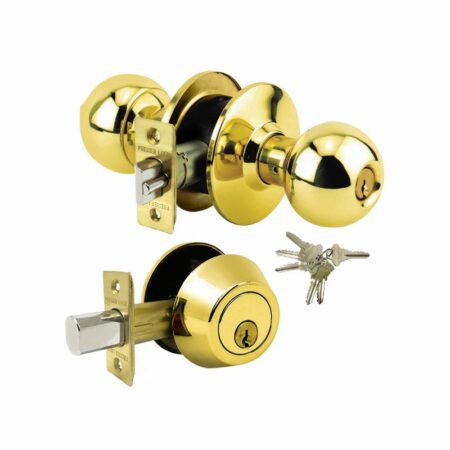 Grade 3 combo lock set with brass finish jumbo knob and deadbolt – keyed alike – 6 SC1 keys – boxed – bulk pack of 12