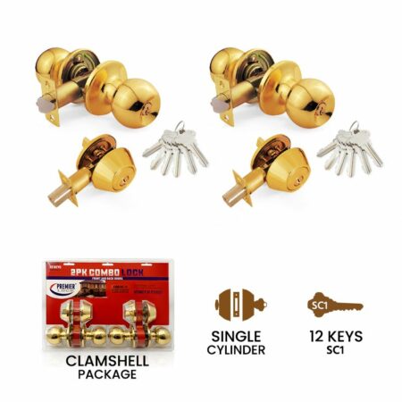 Polished Brass Entry Door Lock and Deadbolt Combo Set with 12 SC1 Keys – Box of 6 Two-Packs