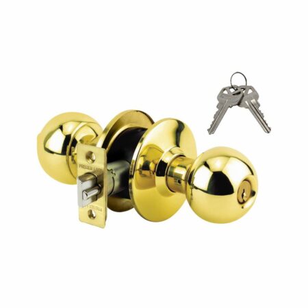 Grade 3 brass keyed entry door knob – 2 KW1 keys – push-button lock – keyed alike – 12-pack – wholesale