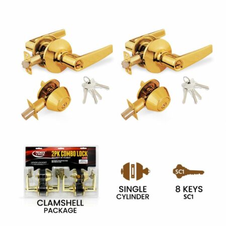 Polished brass entry lever and single cylinder deadbolt combo lock set with SC1 keys – 2 pack
